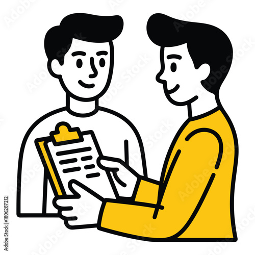 A vibrant black and yellow cartoon illustration depicting two individuals engaged in a productive discussion, with one person presenting information on a clipboard during a collaborative work meeting