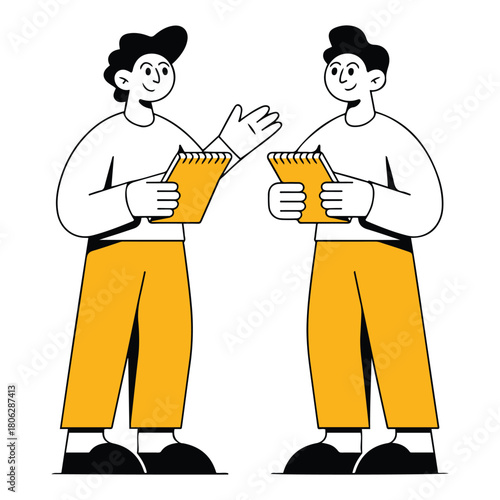 Engaged professional dialogue between two cheerful cartoon individuals, featuring bold black outlines and bright yellow pants, actively exchanging notes and fostering teamwork in a dynamic setting