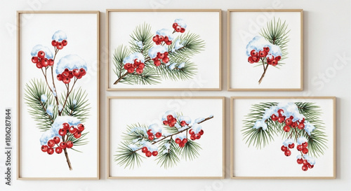 Watercolor Winter Pine and Red Berry Branch Wall Art Set – Snowy Christmas Botanical Illustrations