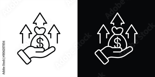 financial support and profit growth thin line icon. hand holding money bag with upward arrows, wealth increase symbol, economic boost, investment return, and funding success. vector illustration