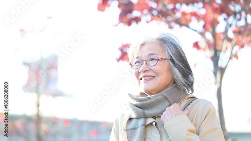 紅葉の道を歩くグレイヘアのシニア女性の穏やかな日常シーン　お出かけ旅行や観光・ショッピングのイメージ動画　スロー