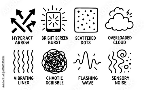 Minimalist icon set depicting modern digital and sensory overload concepts