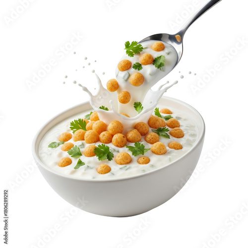 Delicious Dahi Boondi Display: A close-up shot featuring yogurt delicacy adorned with savory boondi and coriander leaves  isolated on a white backdrop