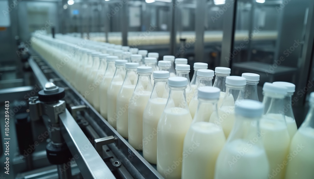 Obraz premium Glass bottles filled with milk move along conveyor. Dairy production with bottling lines. Automated machinery in operation at factory. Food industry with liquid processing. Drink on transportation