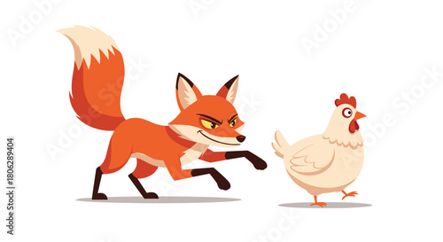  Sly red cartoon fox actively chasing a scared white chicken in a classic farmyard chase scene illustration.