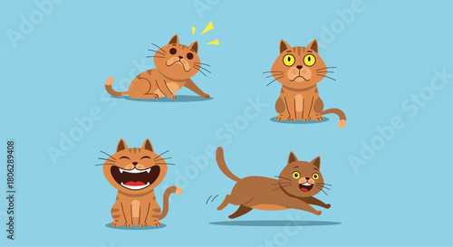  Collection of cartoon cat characters showing a range of emotions and actions including anger happiness and running.