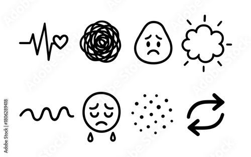 Linear emotion icons: sadness and anxiety depicted with heartbeat and cloud symbols