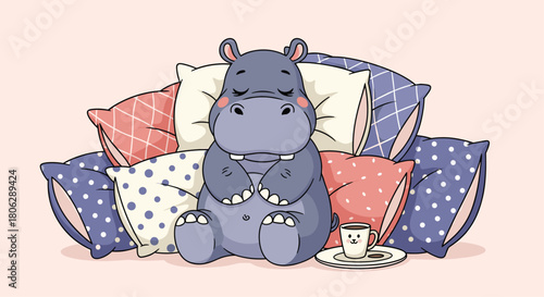  Cute cartoon hippopotamus relaxing comfortably in a pile of colorful pillows while holding a warm cup of tea.