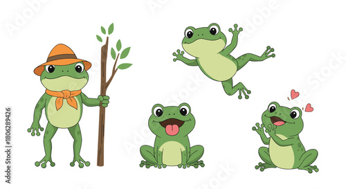  Collection of cute green cartoon frog characters showing different emotions including love happiness and curiosity.