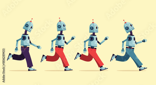  Blue robot character run cycle animation sprite sheet showing different frames for creating cartoon or game movement.