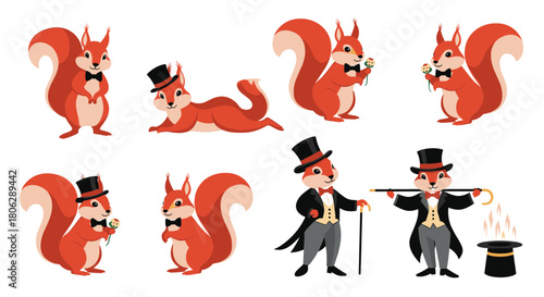  Collection of cute cartoon squirrel characters in various poses and costumes including a magician with a top hat.