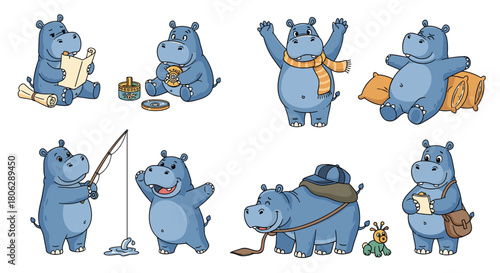  Collection of cute hippopotamus characters engaged in various activities like fishing listening to music and working.