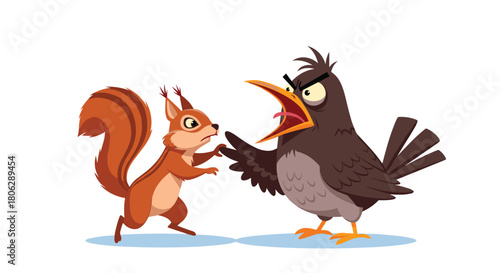  Angry cartoon crow arguing with a squirrel that is holding an acorn in a comical conflict between two forest animals.
