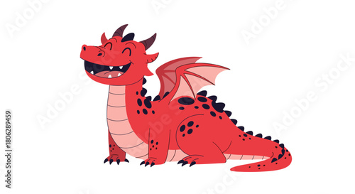 Cute and friendly red cartoon dragon with small wings and a happy smile sitting down in a simple vector illustration.