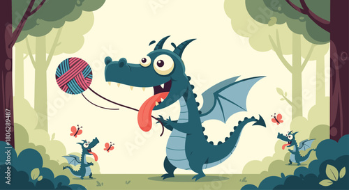  A large green cartoon dragon sitting in a forest and happily knitting with a big ball of red yarn illustration.