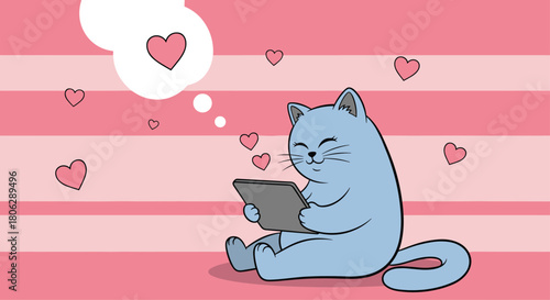  Cute cartoon cat sitting and looking at a smartphone with pink hearts floating above it showing love and affection.