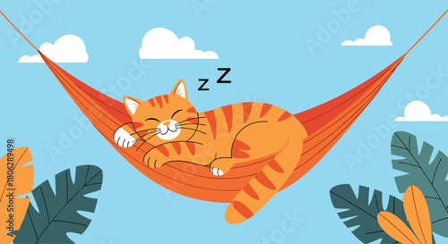  Relaxed orange tabby cat sleeping peacefully in a comfortable hammock strung between two palm trees on a sunny beach.