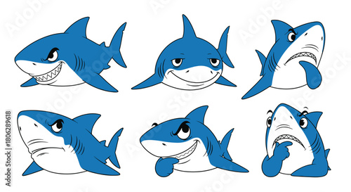  Set of cartoon shark characters showing a wide range of emotions from happy and friendly to angry and aggressive.