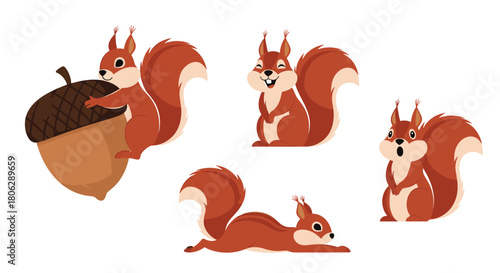  Collection of cartoon squirrel characters in different poses including holding an acorn and running up a tree.