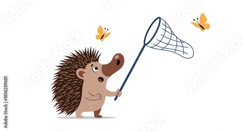  A cute cartoon hedgehog trying to catch flying butterflies with a large net in a playful outdoor adventure scene.