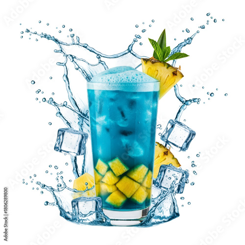 Refreshing Tropical Blue Cocktail with Pineapple and Ice Splash: A Captivating Beverage Illustration that Evokes Summer Vacation Vibes minimum 150