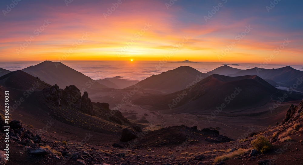 Fototapeta premium ドラマチックな夜明けの空が広がる広大な山岳風景地平線から昇る太陽の黄金色の光が起伏に富んだ山々を鮮やかに照らし幻想的で息をのむような絶景を創り出す. AI Generated