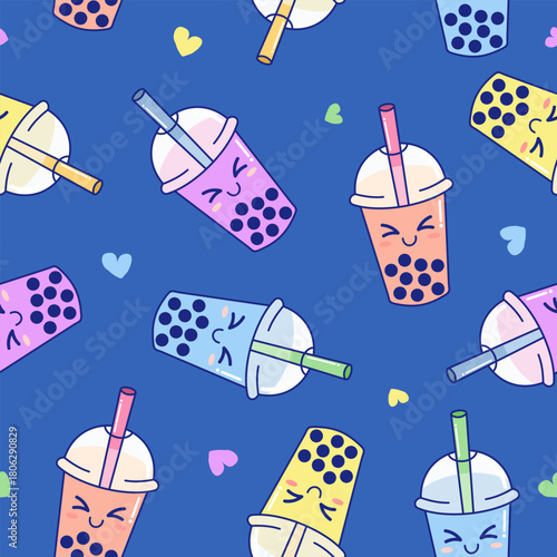 Cute bubble tea drink pattern background vector design