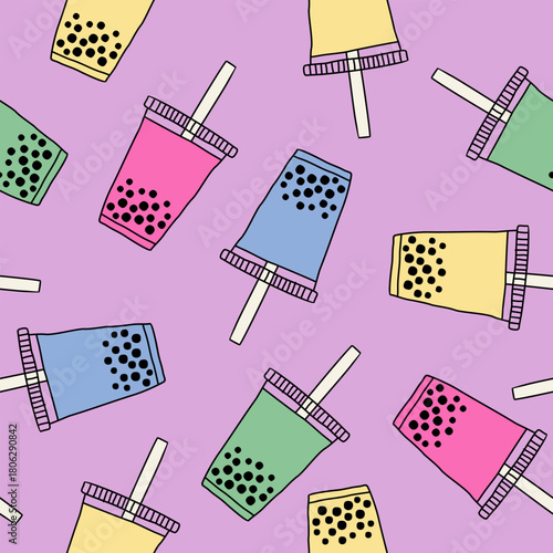 Cute bubble tea drink pattern background vector design