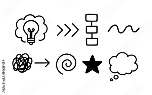 Abstract linear icons representing progress, transformation, and ideas