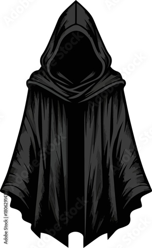 Create a Mysterious long black hooded cloak for fantasy costume vector art with white background.