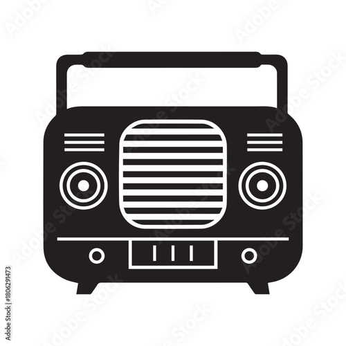 Vintage radio vector icon illustration. Retro black wireless audio receiver isolated on white background. Old classic media broadcasting device silhouette.
