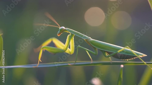 Wallpaper Mural Green praying mantis perched on a grass blade in natural sunlight, macro wildlife insect. Torontodigital.ca