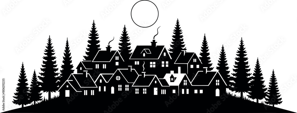 Obraz premium Cozy winter village silhouette on a hill with pine trees and moon