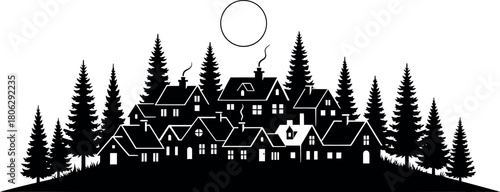 Cozy winter village silhouette on a hill with pine trees and moon