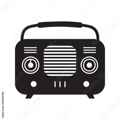 Vintage radio vector icon illustration. Retro black wireless audio receiver isolated on white background. Old classic media broadcasting device silhouette.
