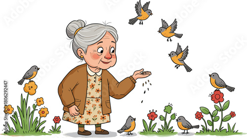 Cartoon vector illustration of elderly woman feeding birds in garden with flowers, happy grandmother enjoying nature and animals outdoor peaceful scene.