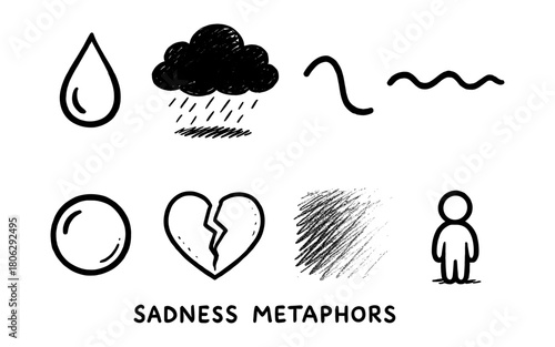Hand drawn sadness symbols: cloud, broken heart, tear, rain, and more metaphors