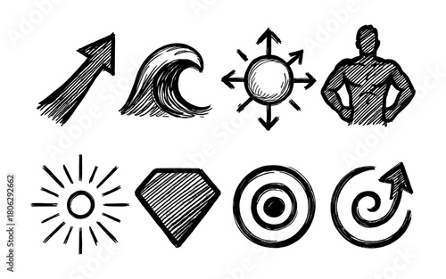 Set of hand drawn sketch style icons for business and strength concepts