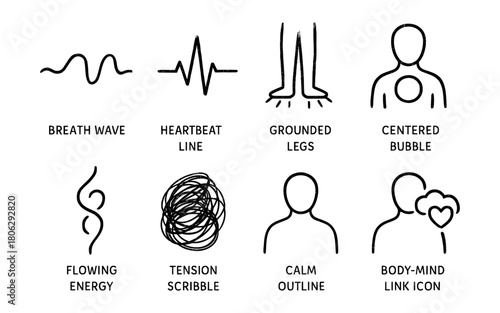 Set of minimalist icons representing breath, heartbeat, energy and calm concepts