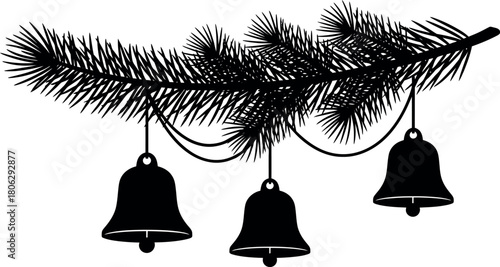 Festive pine branch silhouette with traditional hanging bells