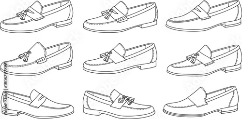 Collection of Men's Dress Shoes in Various Styles Including Loafers, Oxfords, and Slip-Ons for Formal and Casual Footwear Design