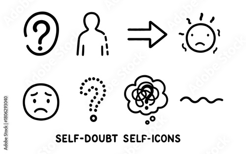 Minimalist icons representing self-doubt and anxiety