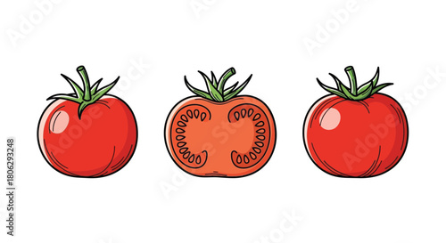Illustration of three ripe red tomatoes in various stages of sectioning