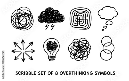Scribble collection of overthinking icons featuring chaotic and abstract designs
