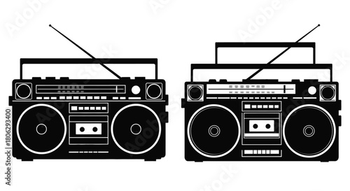 Two vintage boomboxes displayed in a simple black and white illustration