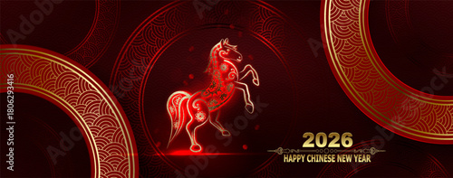 Happy Chinese New Year 2026. Red card with the zodiac sign of the Fire Horse.