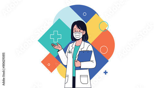 A friendly female doctor wearing a face mask and white lab coat holds a clipboard and gestures with her hand standing in front of a colorful abstract background with medical symbols