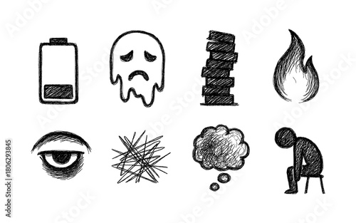 Hand drawn emotional doodles of sadness and anxiety in black and white style