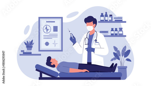Doctor wearing a mask and stethoscope prepares to give a patient a vaccination injection while the patient lies on an examination table in a clinic setting