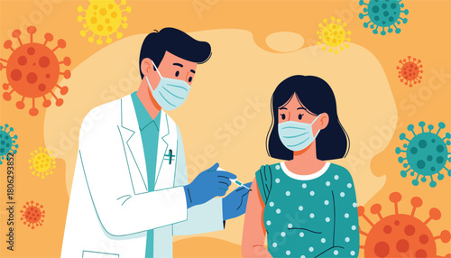 Doctor wearing a mask and lab coat administers a vaccine injection to a patient also wearing a mask surrounded by stylized virus illustrations on an orange background
